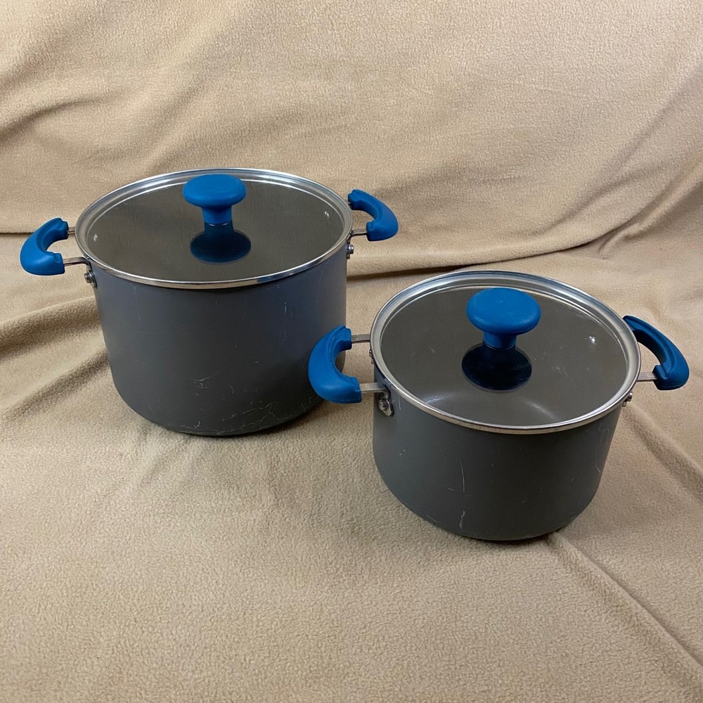 Rachael Ray Stockpot Set 8qt 4qt Gray Blue Hard Anodized Cookware Nonstick GUC